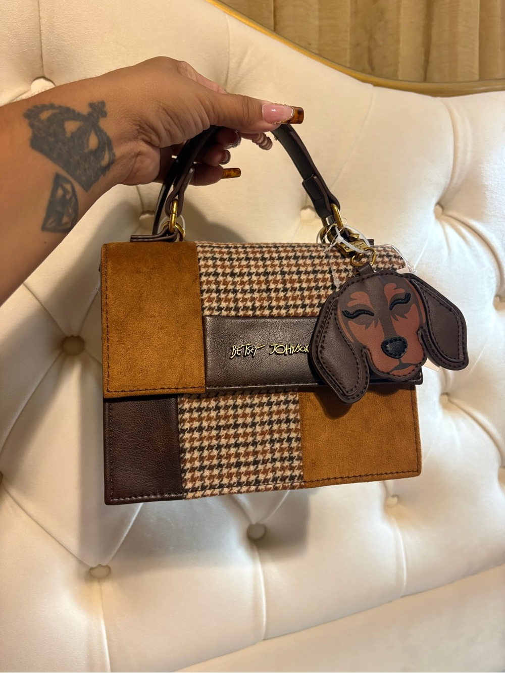 Betsey Johnson Brown & Tan Patchwork Satchel with Dog Charm
